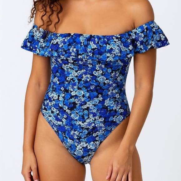 Nautica Blue Floral Off The Shoulder One Piece Swimsuit SIZE LARGE - Picture 1 of 10